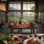 nterior restoran Novaslot88 dengan arsitektur kayu dan bambu, dikelilingi taman vertikal alami. Di bagian bawah, sajian masakan utama: sup buntut, sambal, dan ikan bakar pedas.