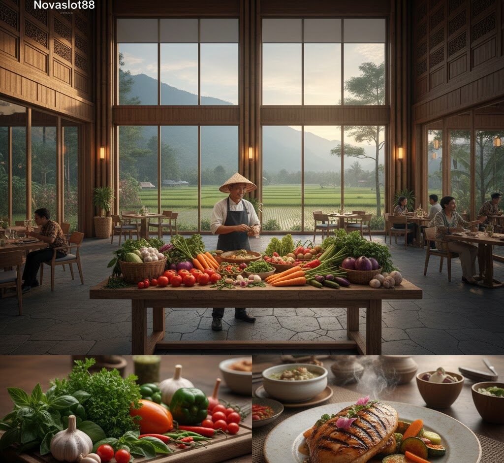 nterior restoran Novaslot88 dengan arsitektur kayu dan bambu, dikelilingi taman vertikal alami. Di bagian bawah, sajian masakan utama: sup buntut, sambal, dan ikan bakar pedas.